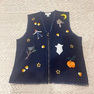 Talbots Wool Navy Halloween Embroidered Sweater Vest Women’s size S Front Zip